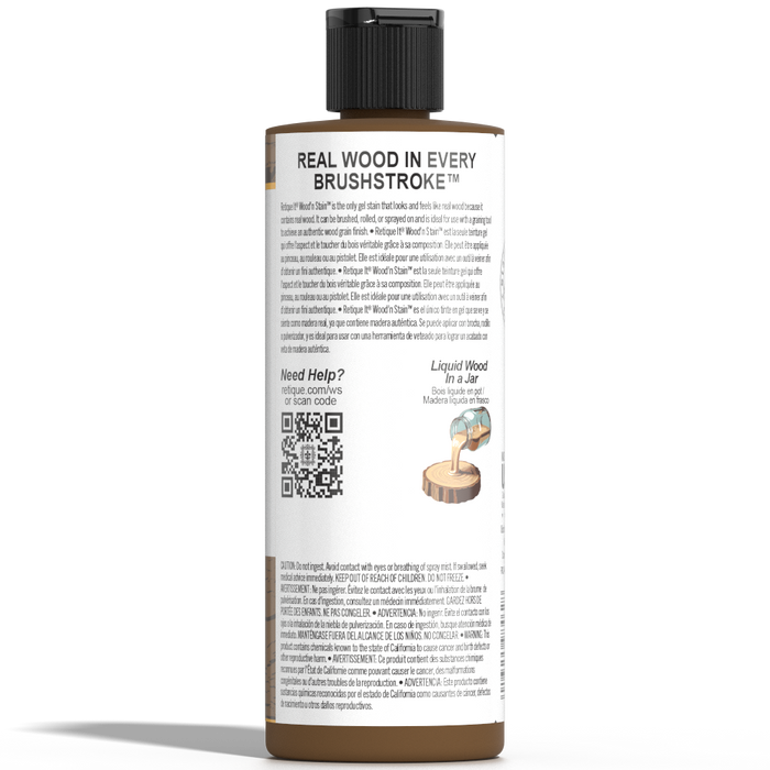 Retique It Liquid Wood Wood'n Stain in Dark Oak, 8 oz bottle, showing the dark stain liquid for wood finishing.