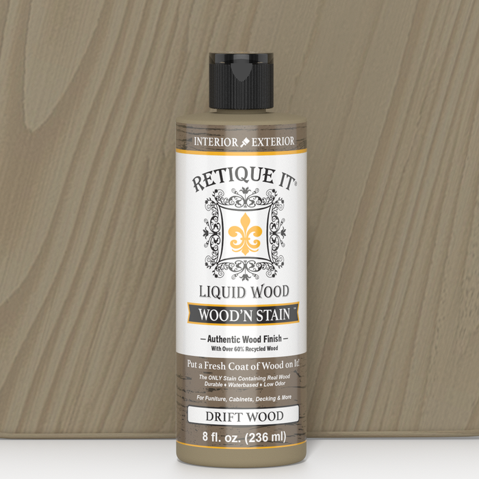 Retique It Liquid Wood Wood'n Stain in Drift Wood color, 8 oz bottle, showcasing the stain's natural wood finish and applicator tip.
