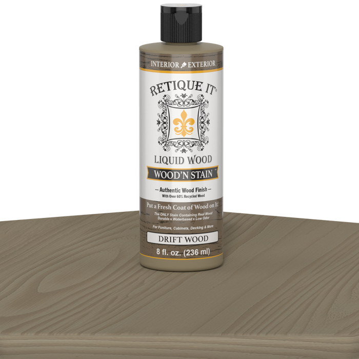 Retique It Liquid Wood Wood'n Stain in Drift Wood, 8 oz bottle, showcasing the natural wood stain and color for furniture or crafts.