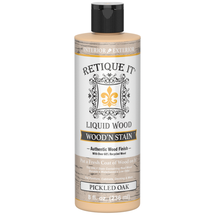 Retique It Liquid Wood Wood'n Stain in Pickled Oak, 8 oz, showcasing the stain applied to wood surface with rich, natural oak color.