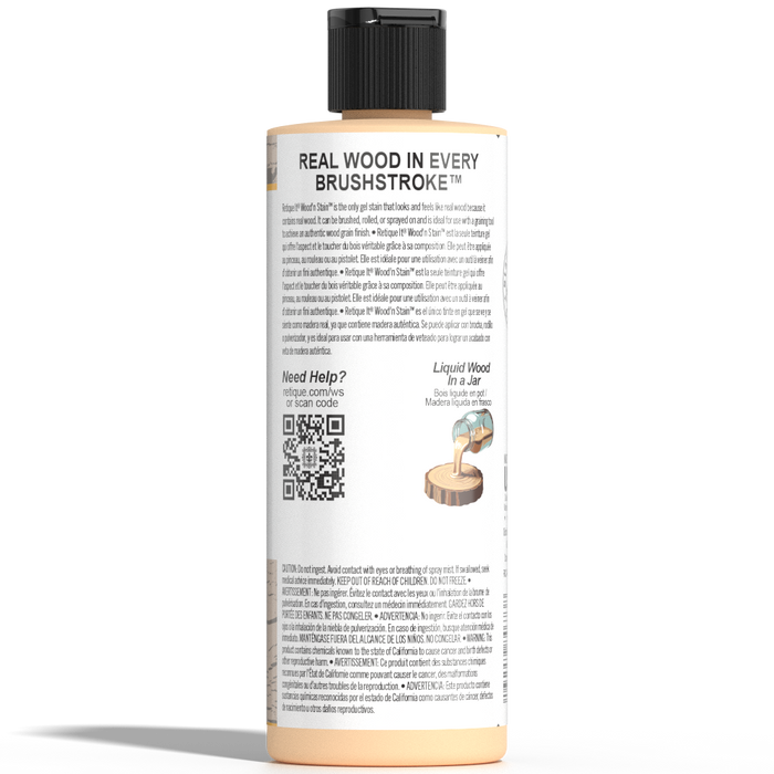 Liquid Wood Wood'n Stain in Pickled Oak by Retique It, 8 oz bottle, showcasing the stain's rich pickled oak color and applicator.