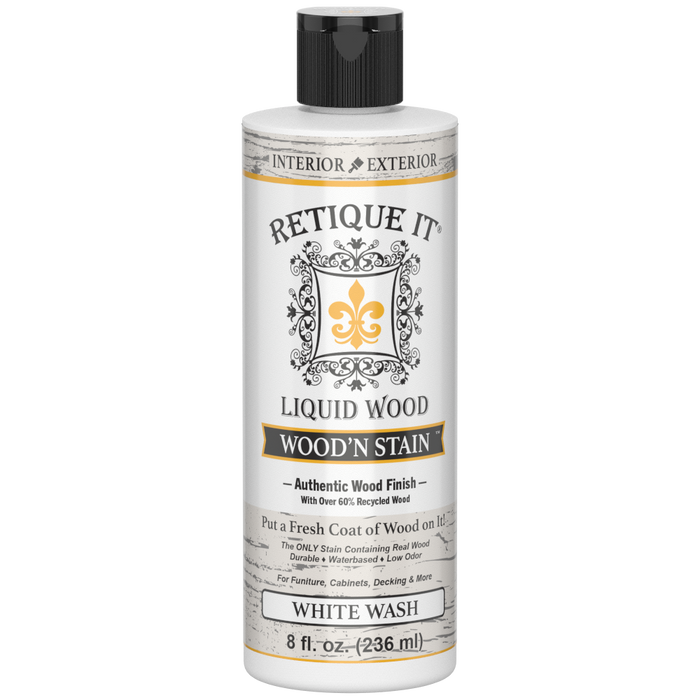 Retique It Liquid Wood Wood'n Stain 8 oz White Wash stain applied to wood surface, showcasing light, whitewashed finish.