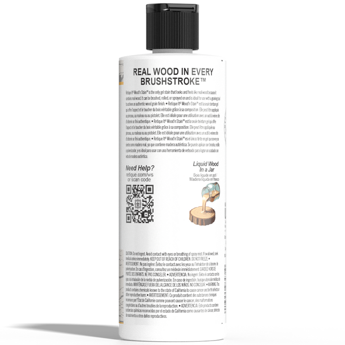 Retique It Liquid Wood Wood'n Stain 8 oz in White Wash, showcasing the stain container with wood finish and product label.