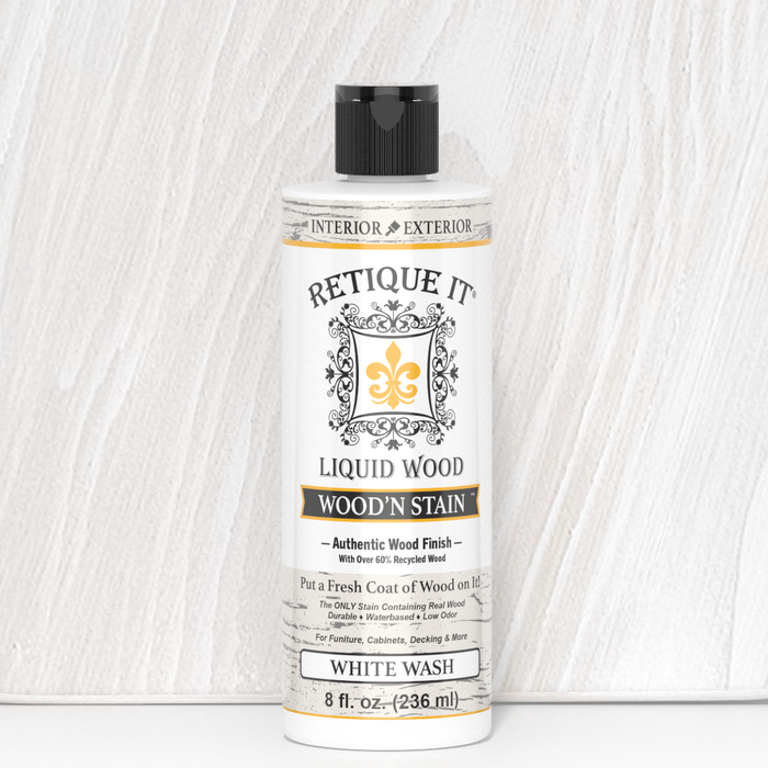 Retique It Liquid Wood Wood'n Stain in 8 oz White Wash, showcasing a wood stain bottle with white wash finish.