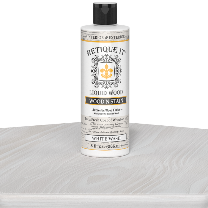 Retique It Liquid Wood Wood'n Stain in White Wash, 8 oz bottle, showing the stain applied on wood surface for a light,washed finish.