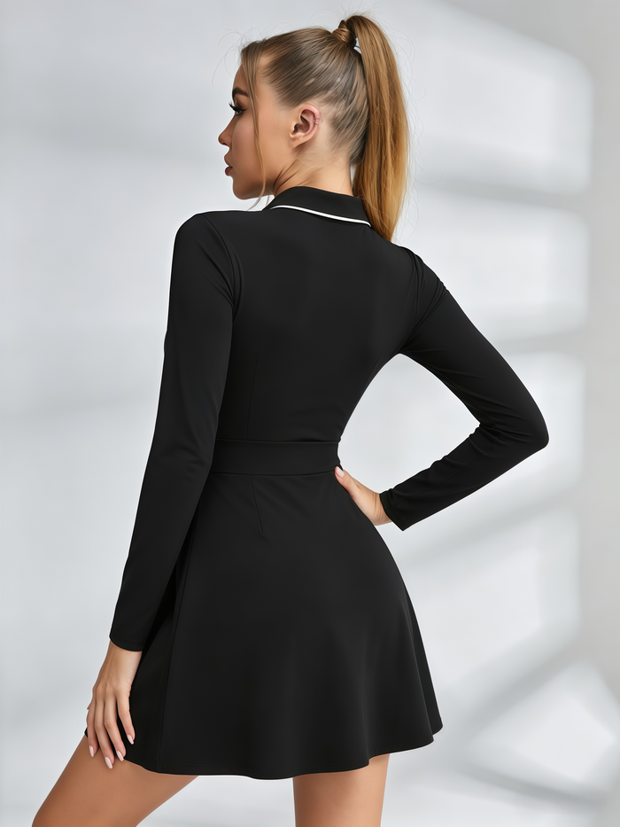 Long-Sleeve Polo Collar Tennis Dress with Contrast Trim & Pockets