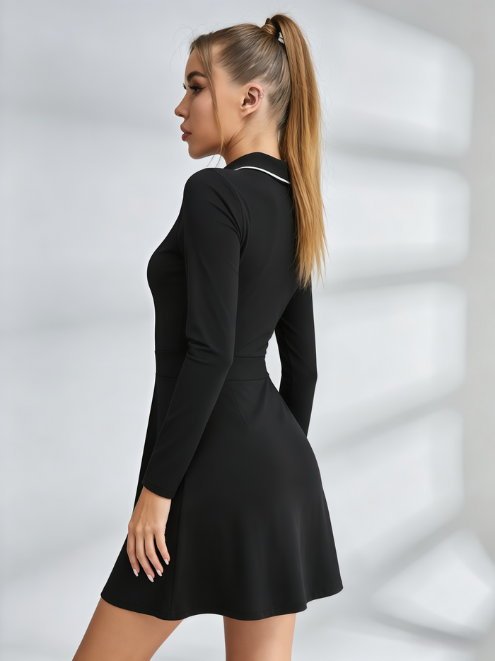 Long-Sleeve Polo Collar Tennis Dress with Contrast Trim & Pockets