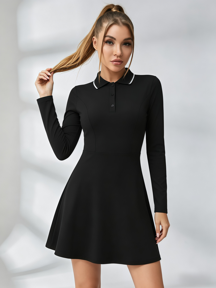 Long-Sleeve Polo Collar Tennis Dress with Contrast Trim & Pockets