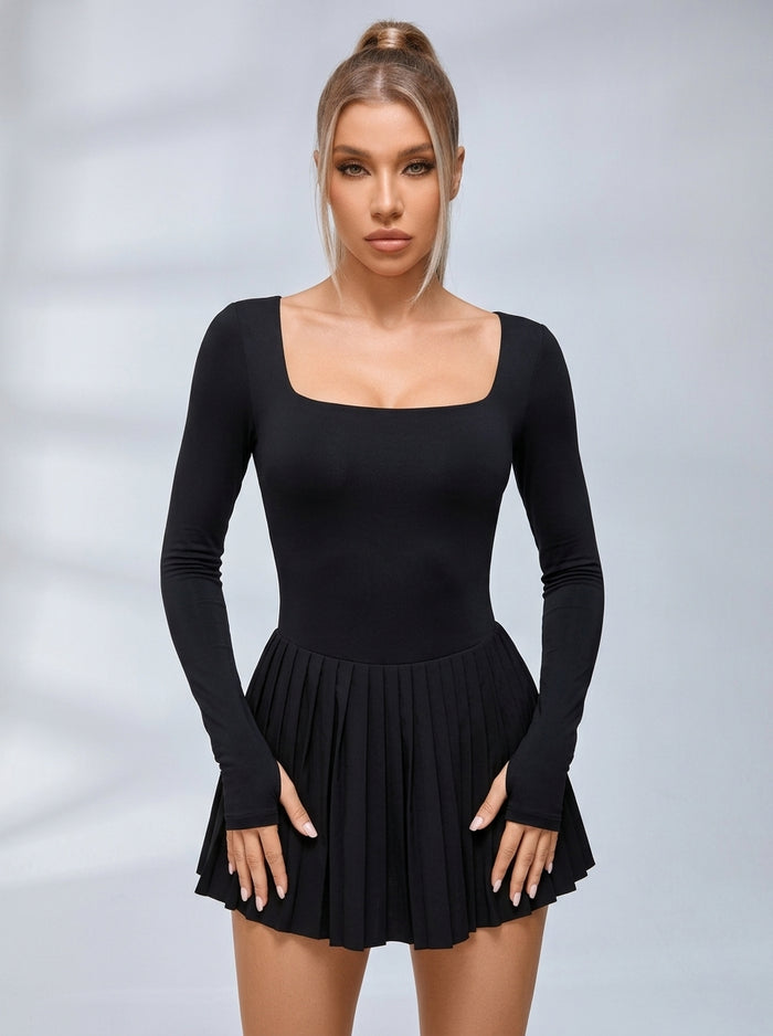 Long-Sleeve Square-Neck Tennis Dress