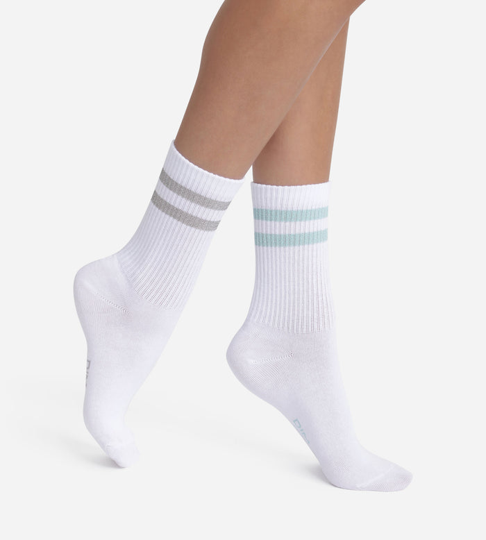 Lot de 2 paires de chaussettes en coton côtelé Blanc et lurex Bleu Gris Dim Mode