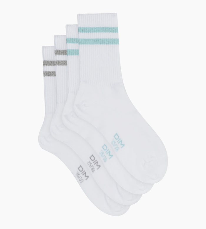 Lot de 2 paires de chaussettes en coton côtelé Blanc et lurex Bleu Gris Dim Mode