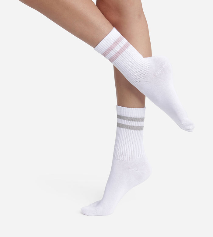 Lot de 2 paires de chaussettes en coton côtelé Blanc et lurex Rose Gris Dim Mode