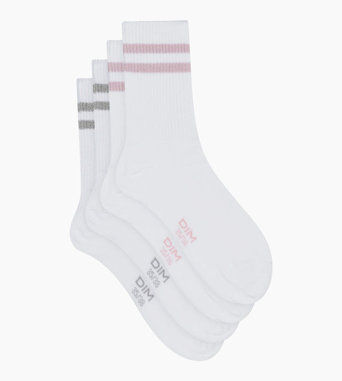 Lot de 2 paires de chaussettes en coton côtelé Blanc et lurex Rose Gris Dim Mode