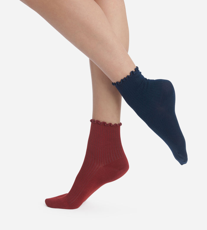 Lot de 2 paires de chaussettes femme à volants Bleu Bordeaux Dim Modal