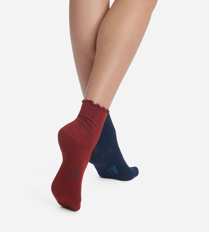 Lot de 2 paires de chaussettes femme à volants Bleu Bordeaux Dim Modal