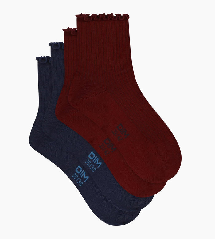 Lot de 2 paires de chaussettes femme à volants Bleu Bordeaux Dim Modal