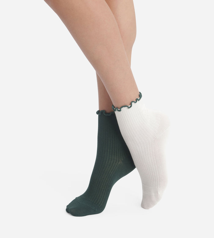 Lot de 2 paires de chaussettes femme à volants Pin Ivoire Dim Modal