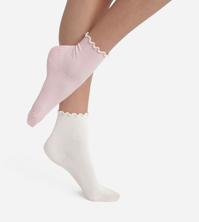 Lot de 2 paires de chaussettes femme à volants Rose Ivoire Dim Modal