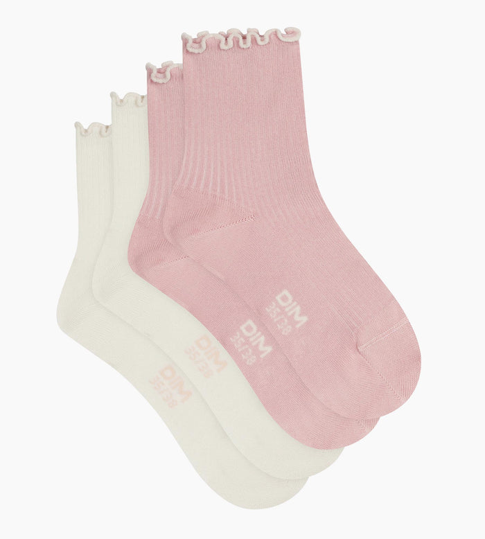 Lot de 2 paires de chaussettes femme à volants Rose Ivoire Dim Modal