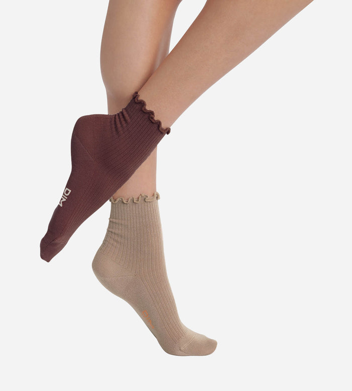 Lot de 2 paires de chaussettes femme à volants Taupe Café Dim Modal