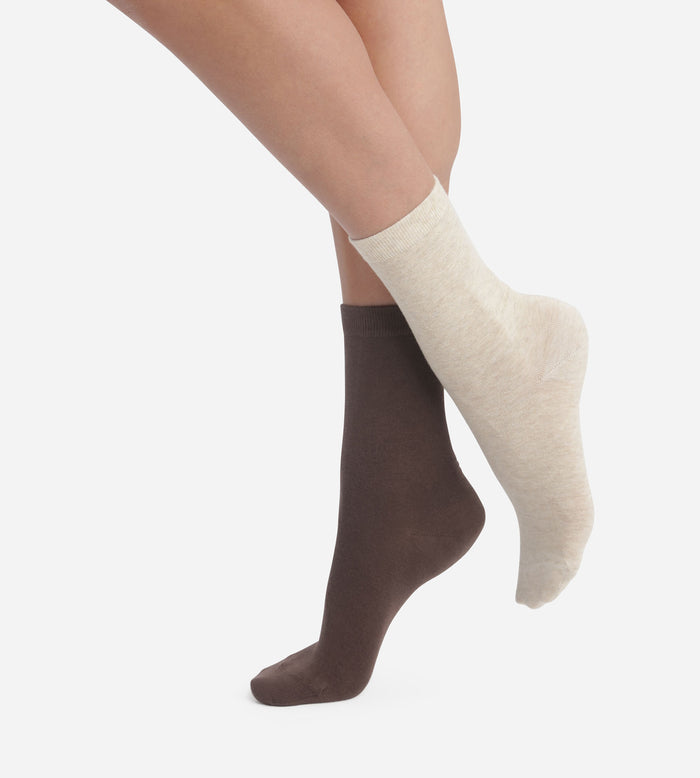 Lot de 2 paires de chaussettes femme Marron Beige Dim Coton