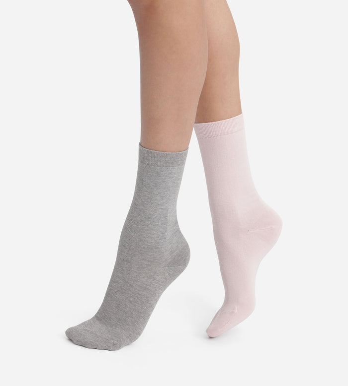 Lot de 2 paires de chaussettes femme Rose Gris Dim Coton