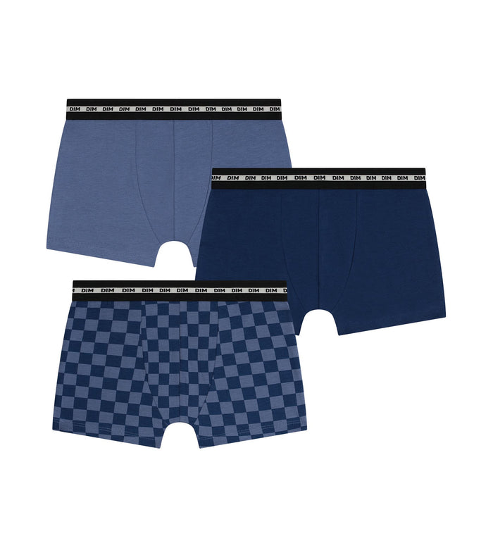 Lot de 3 boxers enfant Damier Bleu Dim Coton Stretch
