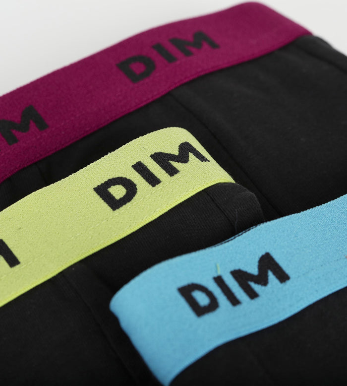 Lot de 3 boxers homme coton stretch noir ceinture colorée Bleu Citron Mix & Colors