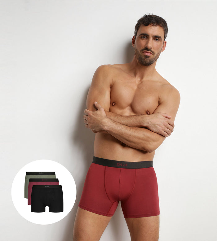 Lot de 3 boxers homme en coton Noir Kaki Rouge Ultra doux