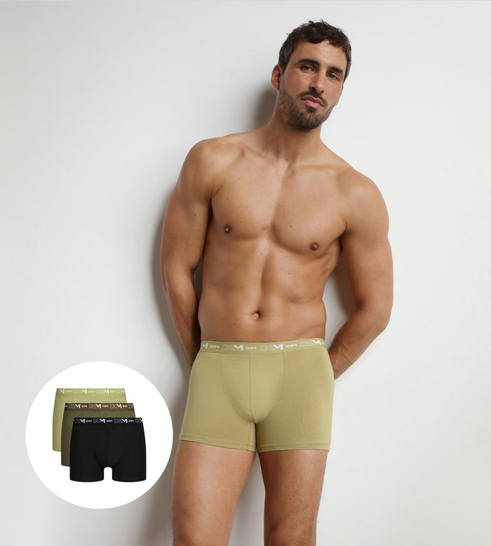 Lot de 3 boxers homme Noir Sable ceinture contrastée Dim Coton Stretch