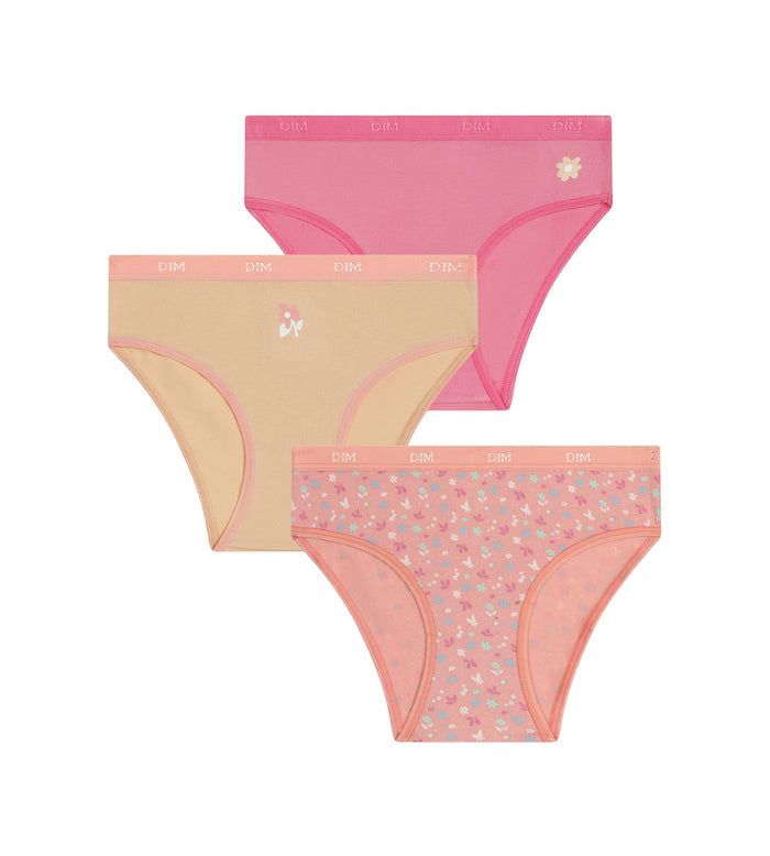 Lot de 3 culottes fille coton stretch à fleurs pêche Les Pockets