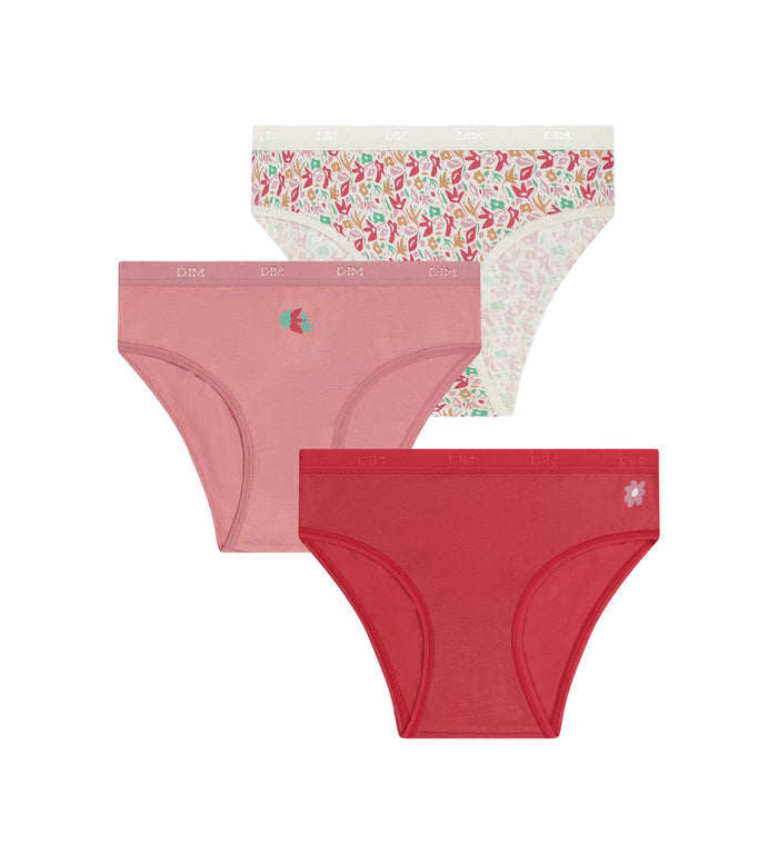 Lot de 3 culottes fille coton stretch à fleurs rouge Les Pockets