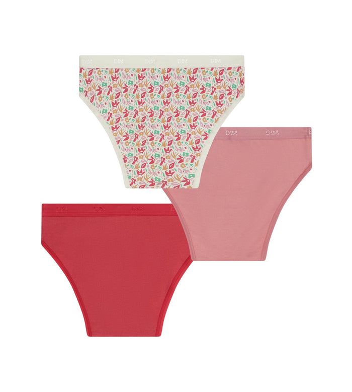 Lot de 3 culottes fille coton stretch à fleurs rouge Les Pockets