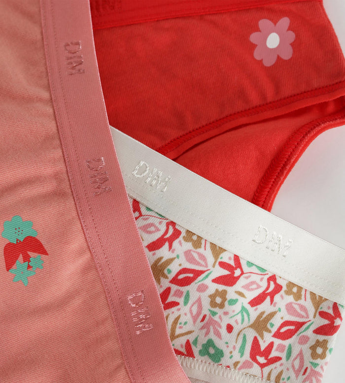 Lot de 3 culottes fille coton stretch à fleurs rouge Les Pockets