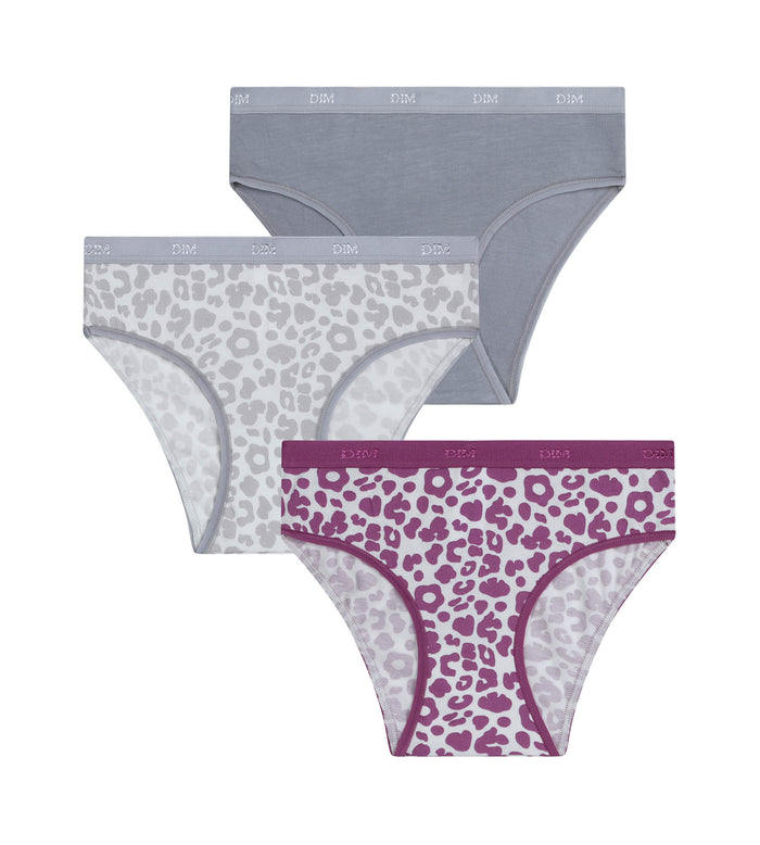 Lot de 3 culottes fille coton stretch Léo gris violet Les Pockets
