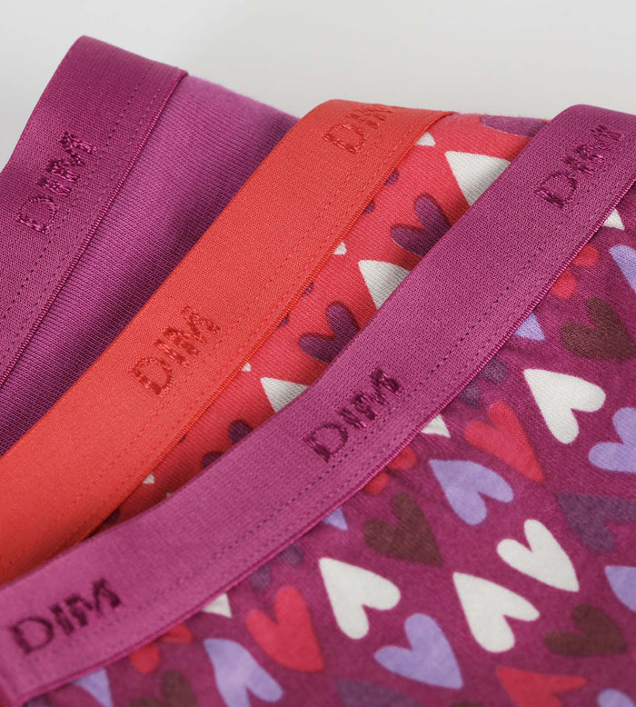 Lot de 3 culottes fille coton stretch Violet Rouge à cœurs Les Pockets