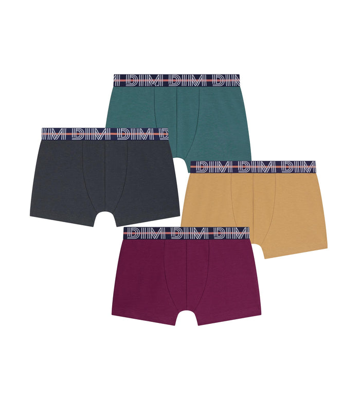 Lot de 4 boxers garçon Bordeaux Jaune Ebene Vert Coton Stretch Kids