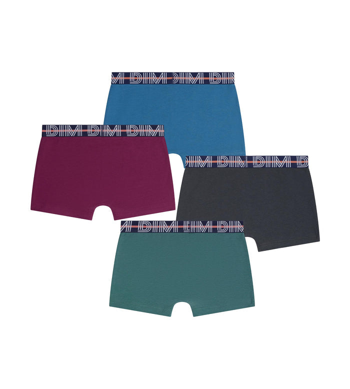 Lot de 4 boxers garçon Vert Ebene Bordeaux Bleu Coton Stretch Kids
