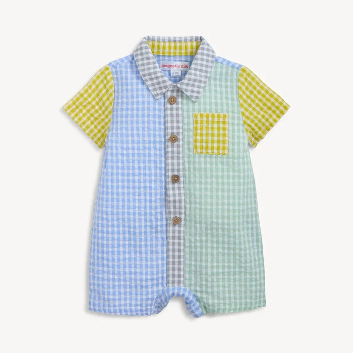 Magnetic Me Boys Woven Collar Romper-Multi Gingham