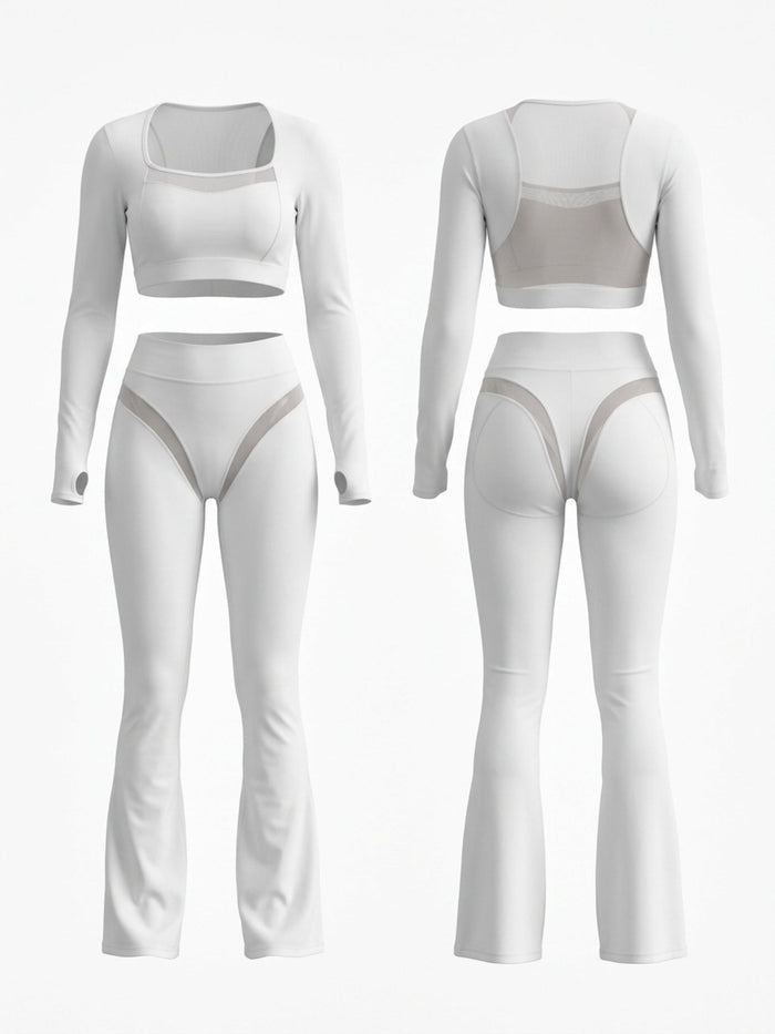 Mesh Patchwork Long Sleeve Flare Leg Yoga 2‑Piece Set