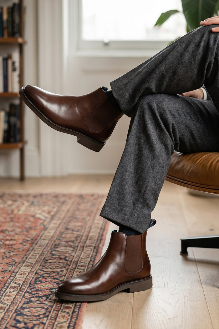 Man wearing Michael Brown Chelsea boots for men made from high-quality leather, offering a sleek, modern silhouette with luxurious comfort for everyday or smart wear.