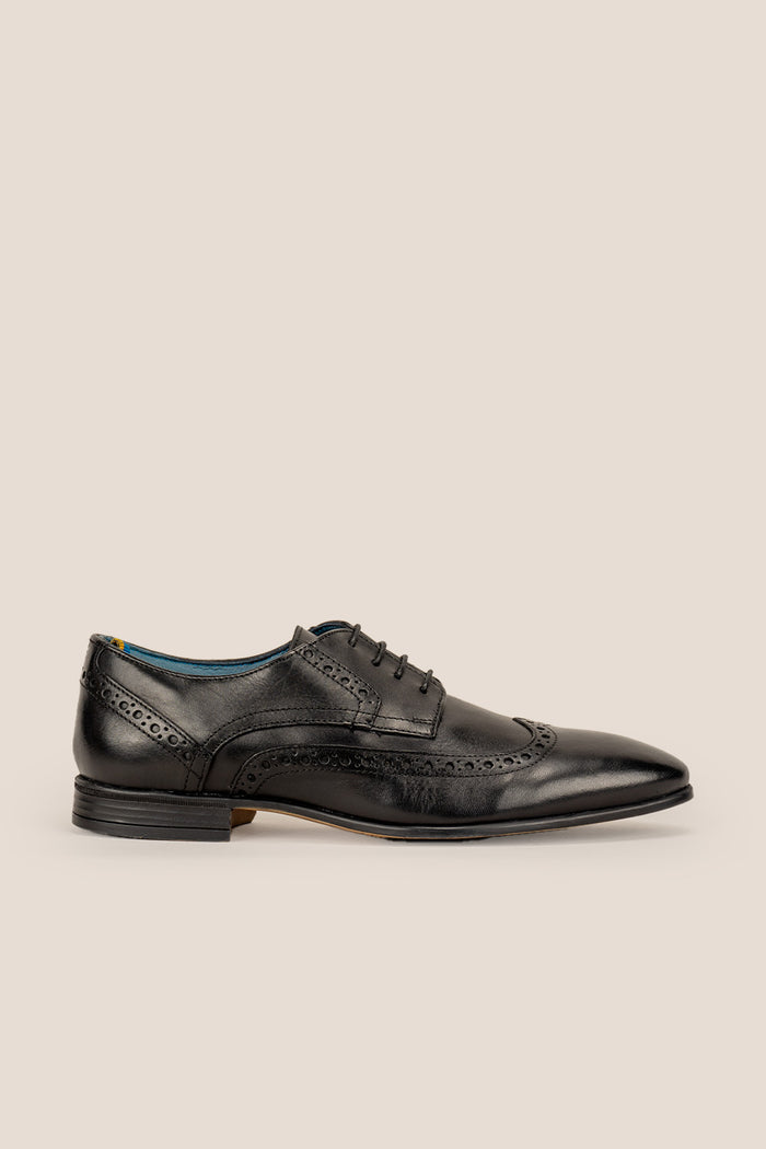 Miles black leather brogue derby shoes for men by Oswin Hyde – luxury wingtip lace-up formal shoes ideal for office, weddings, and elegant occasions.