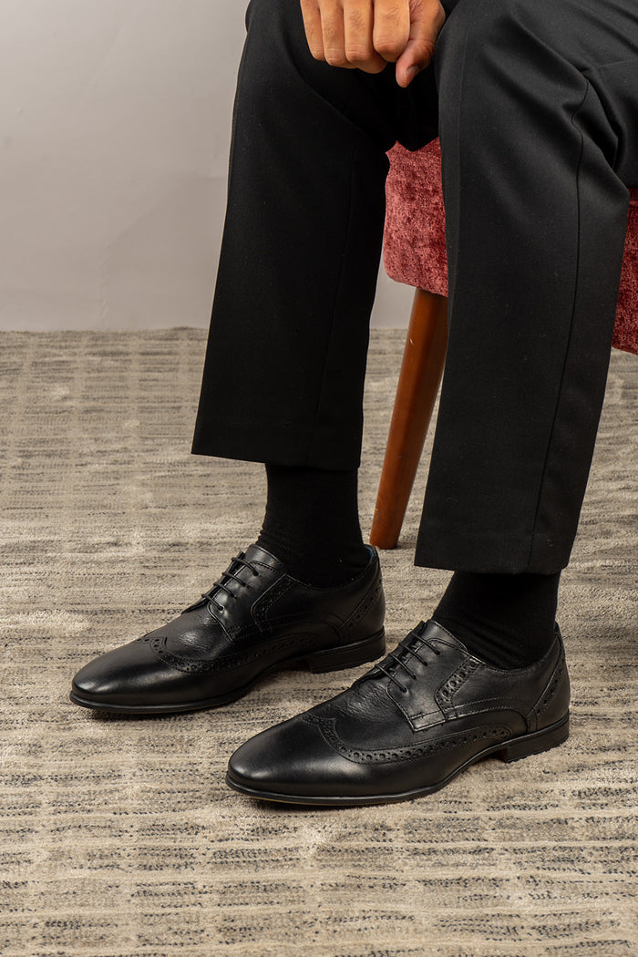 Miles black leather brogue derby shoes for men by Oswin Hyde – luxury wingtip lace-up formal shoes ideal for office, weddings, and elegant occasions.