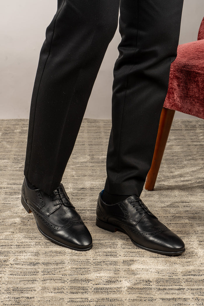 Miles black leather brogue derby shoes for men by Oswin Hyde – luxury wingtip lace-up formal shoes ideal for office, weddings, and elegant occasions.