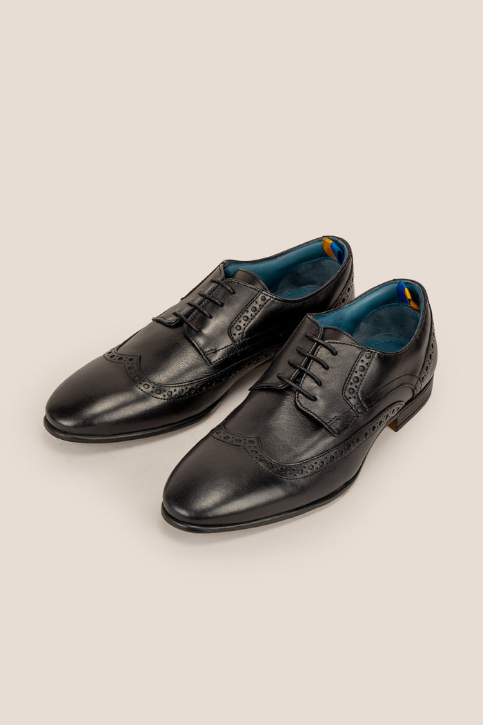 Miles black leather brogue derby shoes for men by Oswin Hyde – luxury wingtip lace-up formal shoes ideal for office, weddings, and elegant occasions.