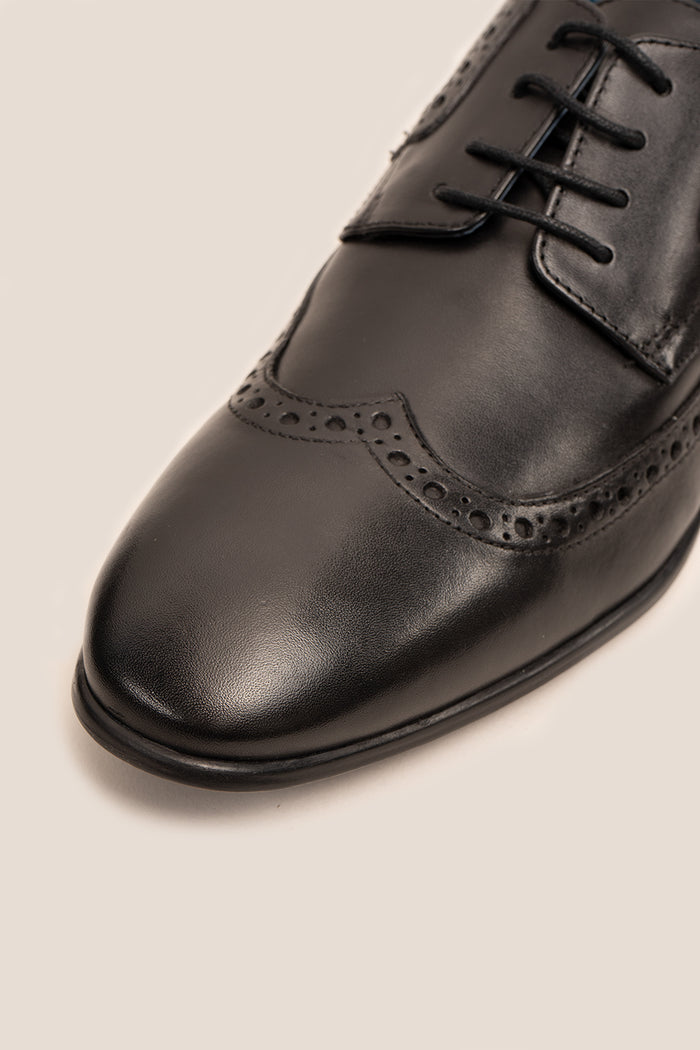 Miles black leather brogue derby shoes for men by Oswin Hyde – luxury wingtip lace-up formal shoes ideal for office, weddings, and elegant occasions.