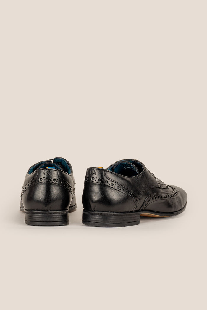 Miles black leather brogue derby shoes for men by Oswin Hyde – luxury wingtip lace-up formal shoes ideal for office, weddings, and elegant occasions.