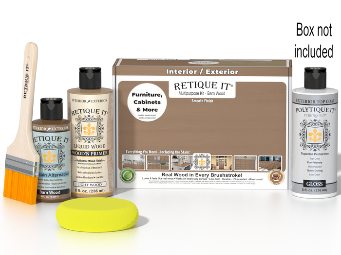 Retique It Wood'n Finish Kit in Barn Wood with smooth gloss exterior top coat and application tools.
