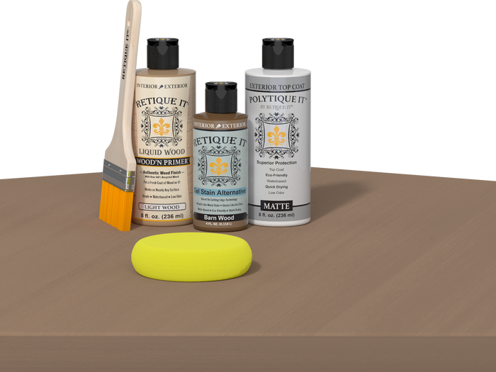 Retique It Multi-purpose Smooth Finish Kit in Barn Wood for exterior wood projects, includes top coat and finishing tools.