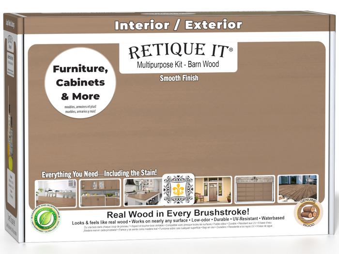 Retique It Wood'n Finish Kit in Barn Wood for exterior top coat, smooth matte finish, includes application box and tools